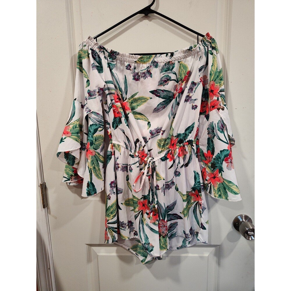 Women's Blush Flutter Sleeves Floral Romper White Pink Green Small - Picture 2 of 6